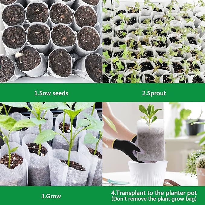 GREANER 100pcs Biodegradable Nursery Bags, 9 x 9inch Seed Planting Bags, Planting Seed Starting Pots Pouches, Standable Pouch for Potato, Flower, Tomato Plant Starts