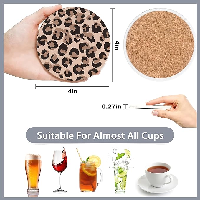 Drink Coasters Set of 6 with Holder,Leopard Print Brown Grey Gold Pink Absorbent Ceramic Coasters with Cork Base,Fit All Cups,Tabletop Protection Mat for Mugs and Cups,Office,Kitchen