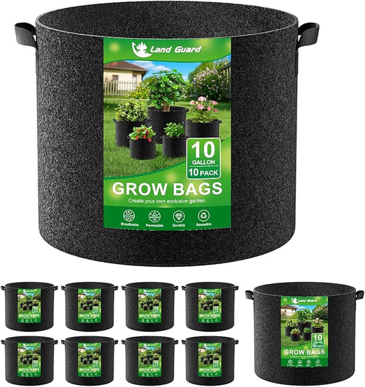 Land Guard 10-Pack Fabric Grow Bags 10 Gallon, Thickened Nonwoven Garden Pots, Growing Bags with Handles, Black