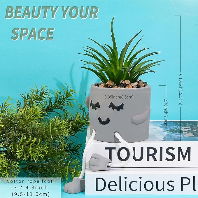Cute Artificial Succulents Plants in Cement Pots with Hanging Legs - Small Fakeplants Kitchen Shelves Decor, Bathroom Shelf Decoration, Shelf Decoration Accents, Office Wall Decor - Set of 1