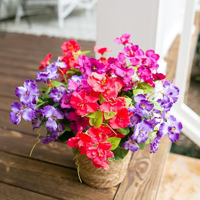 Hibiscus Artificial Flowers Plants for Outdoors Summer Decoration, 6 Bundles Fake Silk Hibiscus Bouquet Realistic UV Resistant Tropical Flowers Artificial for Outside Planter Front Door Porch Patio