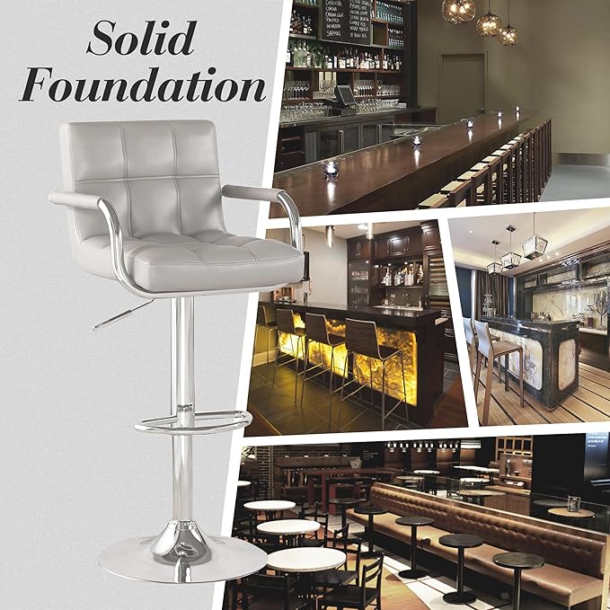 Modern PU Leather Bar Stools Set of 2, Adjustable Swivel Square Bar Chairs, Counter Height Barstools with Arms and Large Base for Island/Kitchen(Gray)