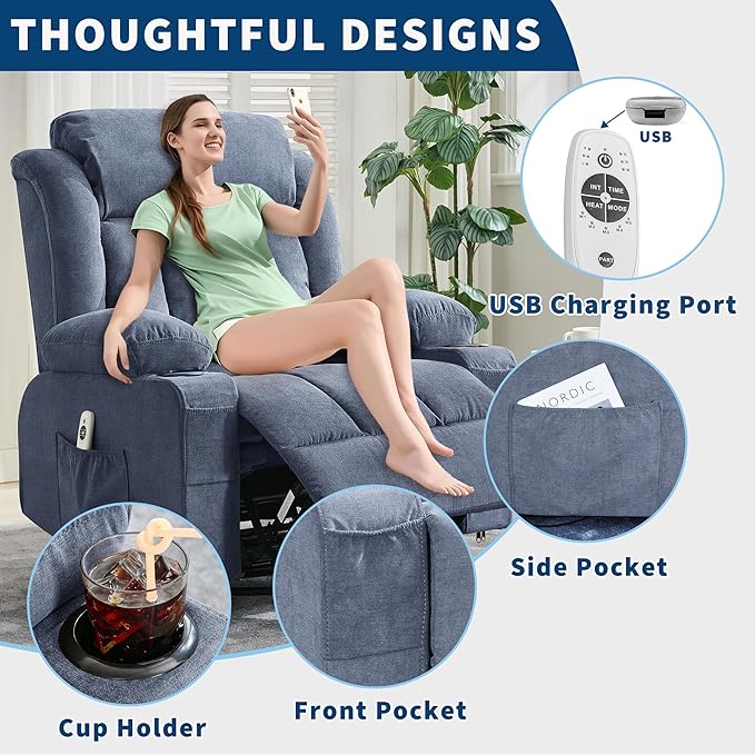 GarveeHome 360° Swivel Rocker Recliner Chair with Heat Massage, Widen Overstuffed Single Sofa Lounge Chair with 3 Positions 2 Side Pockets Cup Holders USB Ports Remote Control Blue