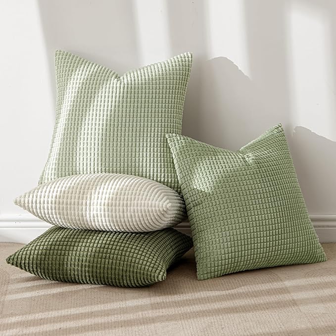 MIULEE Modern Farmhouse Decorative Lumbar Pillow Covers 18x18 Inch Set of 4 Natural Rustic Throw Pillows Neutral Warm Soft Corduroy Couch Pillowcases Home Decor for Sofa Living Room Bed Light Green