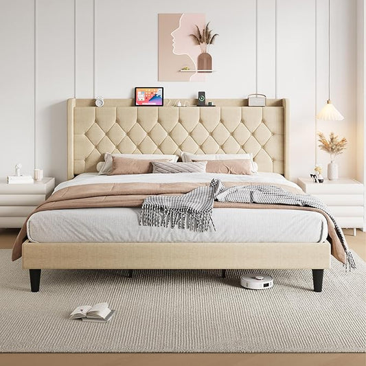 SHA CERLIN King Size Platform Bed Frame with Charging Station, Velvet Wingback Headboard with Storage Shelf, Wooden Slats Support, Ample Under-Bed Space, No Box Spring Needed, Easy Assembly, Beige