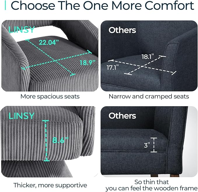 LINSY Swivel Barrel Chair, 360° Modern Swivel Accent Chair with Arms, Boucle Swivel Chair Gray Corduroy Chairs for Bedroom Living Room Small Spaces