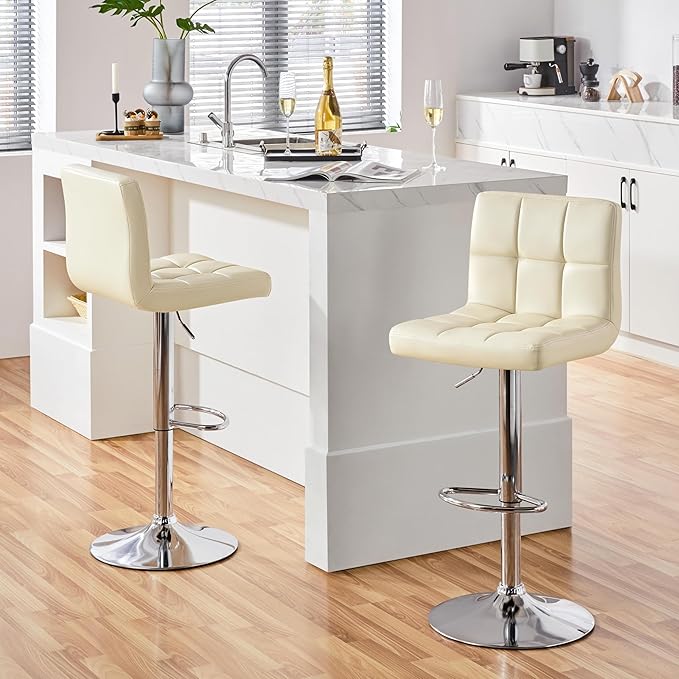 Yaheetech Bar Stools Set of 2, Adjustable PU Leather Swivel Barstools, Modern Counter Height Stools with Back and Footrest for Bar, Kitchen, Dining Room, Beige