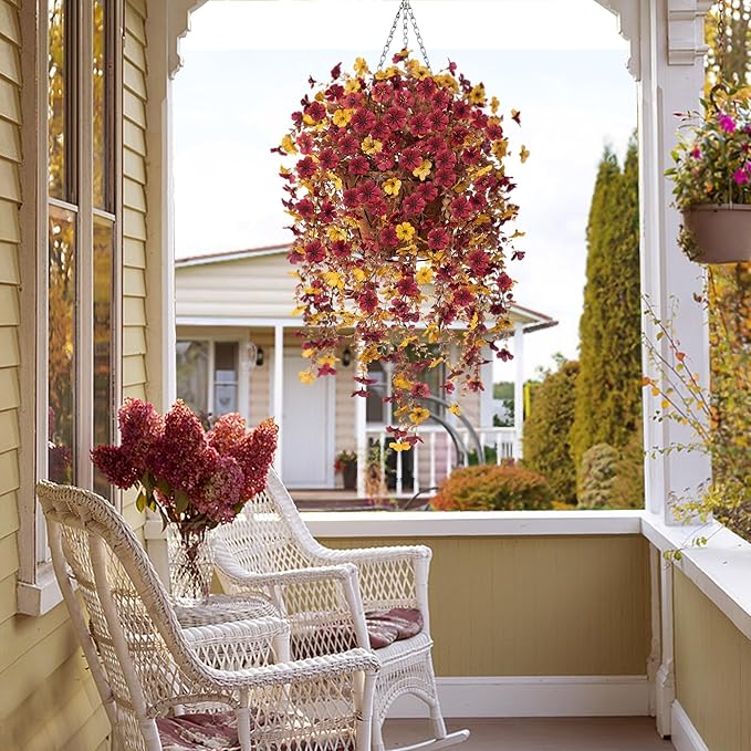 Fall Flowers Artificial for Decoration,Artificial Flowers for Outdoors,Autumn Fake Plants Home Decor Thanksgiving Realistic Silk Daisy,Fall Leaves UV Resistant Garden Courtyard Patio (Yellow Brown)