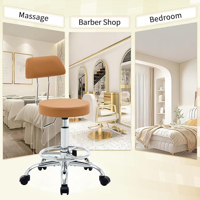 Rolling Stool with Back, Adjustable Tattoo Rolling Chair 19.5"-26.6", Camel Brown Hairstylist Stool with Wheels (Camel Brown)