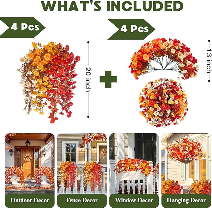 8PCS Artificial Fall Hanging Flowers for Outdoor, Fake Silk Petunias Plants, Fake Mums, Fall Outdoor Decoration, UV Resistant, Morning Glorias, for Home Garden Porch Decor (Deep Autumn)