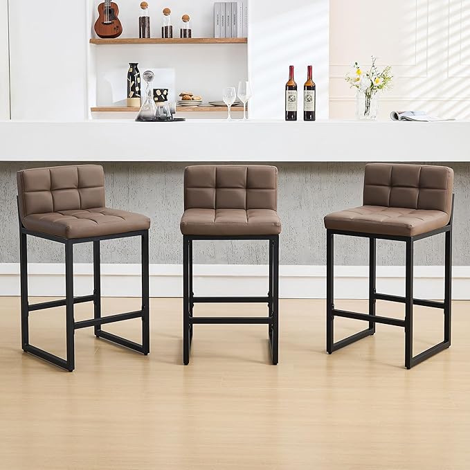 Bar Stools Set of 3, Upholstered PU Leather Counter Height Barstools with Low Back and Thickened Metal Legs, Modern Chairs for Kitchen Island, Bar, Counter (Coffee Brown, 3Pcs 26" Bar Stools)