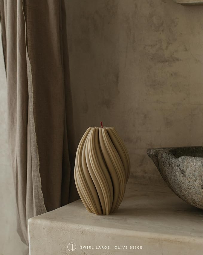 LAWA Swirl Candle - Large Beautiful Handmade Pillar Scented Soy Wax Twirl Elegant Bubble Aesthetic Candle Housewarming Gift Home Room Shelf Decor Idea Spiral Olive Beige (Large)