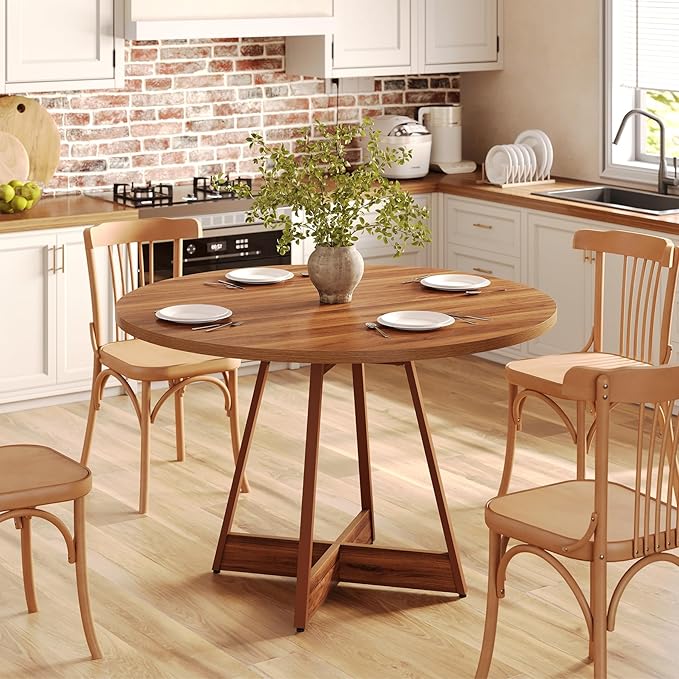 LITTLE TREE 39 Inches Round Dining Table for 2-4, Farmhouse Circle Kitchen Table for Dining Room, Wooden Dinner Table with Heavy Duty Pedestal, Small Bistro Table for Restaurant, Brown
