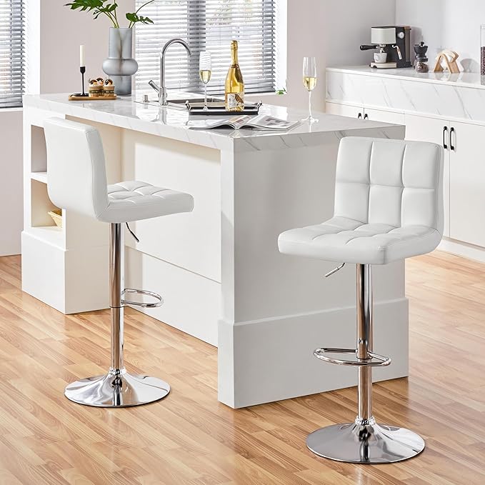 Yaheetech Bar Stools, PU Leather Adjustable Swivel Barstools, Armless Hydraulic Kitchen Counter Bar Stool, Kitchen Island Chairs, White