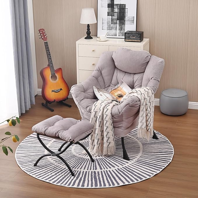 Lazy Chair and Ottoman, Large Accent Lounge Chair with Armrests and a Side Pocket, Modern Leisure Upholstered Sofa Reading Armchair with Footrest for Bedroom, Living Room, Dorm Rooms, Office