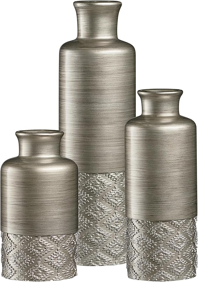 Creative Scents Dublin Silver Vases - Set of 3 Vases for Flowers, Decorative Vases, Farmhouse Decor, Premium Décor, Centerpiece Table Decorations for Your Kitchen, Bedroom, Office, Living Room
