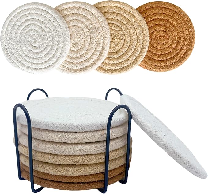 8 Pcs Drink Coasters with Holder, Coasters for Coffee Table, Absorbent Coaster Set for Living Room Decor Tabletop Protection, Coaster Set 4 - Color Cup (Brown Mix)