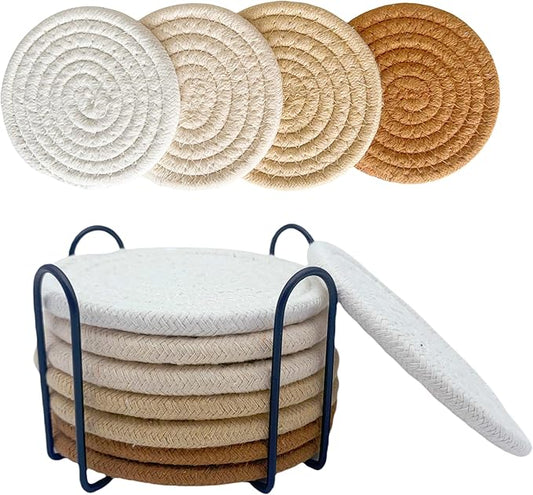 8 Pcs Drink Coasters with Holder, Coasters for Coffee Table, Absorbent Coaster Set for Living Room Decor Tabletop Protection, Coaster Set 4 - Color Cup (Brown Mix)