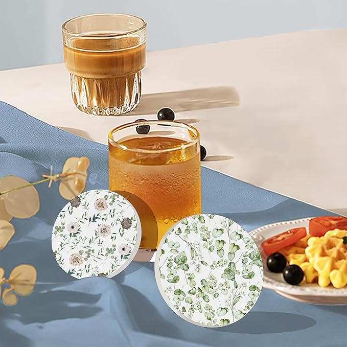 Table Coaster for Drinks Set of 6, Eucalyptus Leaf Flower Watercolor Round Ceramic Coasters,with Cork Base and Metal Holder,Great Housewarming Birthday Gifts,Home Decor