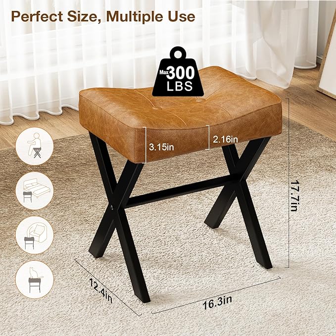 18-Inch Leather Vanity Stool Chair, Vanity Bench with Metal X-Leg, Ottoman Accent Stool with Thick Padded Saddle Seat, Brown