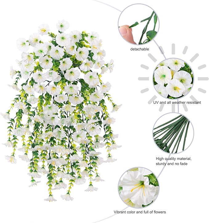 Ivydale 2 PCS Artificial Hanging Flowers Fake Plants Outdoor,Silk Morning Glory Faux Flowers with Eucalyptus Leaves,UV Resistant Realistic Mums Hanging Petunias Plants for Home Garden Decor (Beige)