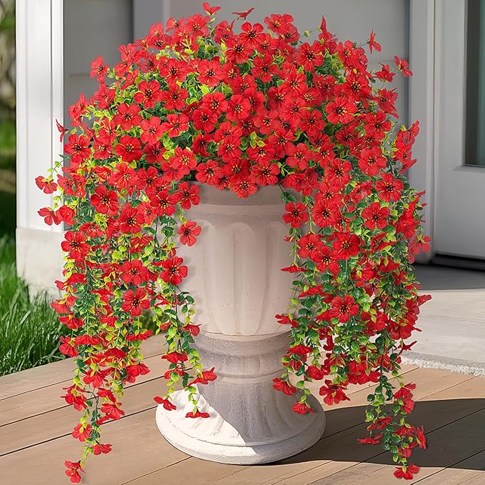 Artificial Fake Hanging Plants Flowers for Outdoor Outside Decor, Faux Mums Silk Realistic Flower, 2 Pcs UV Resistant Look Real Plastic Decorations for Porch Home Patio Balcony Yard