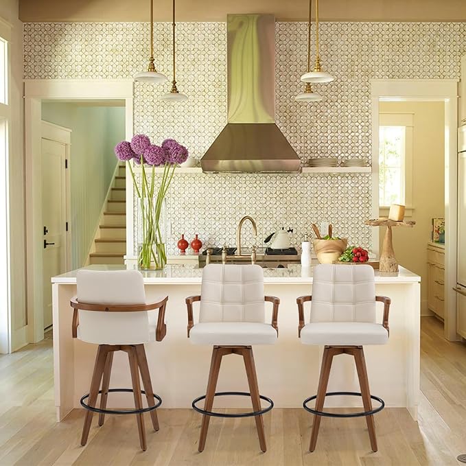 26” Counter Height Bar Stools,Leather Upholstered Bar Chair, Swivel Bar Stools with Back and Arms，Modern Beige Barstool Set of 2 for Kitchen Island