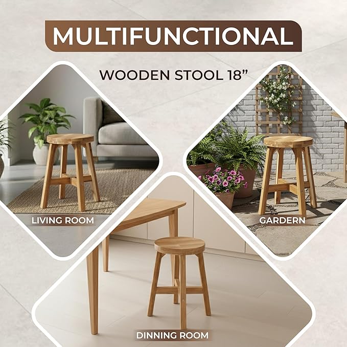 Round Stool Acacia Wood, 18" Height, 11'' Round Top, Backless, Easy Assembly, Natural Wax Finish, Wooden Stool for Plant, Dining Room, Kitchen Counter, Makeup