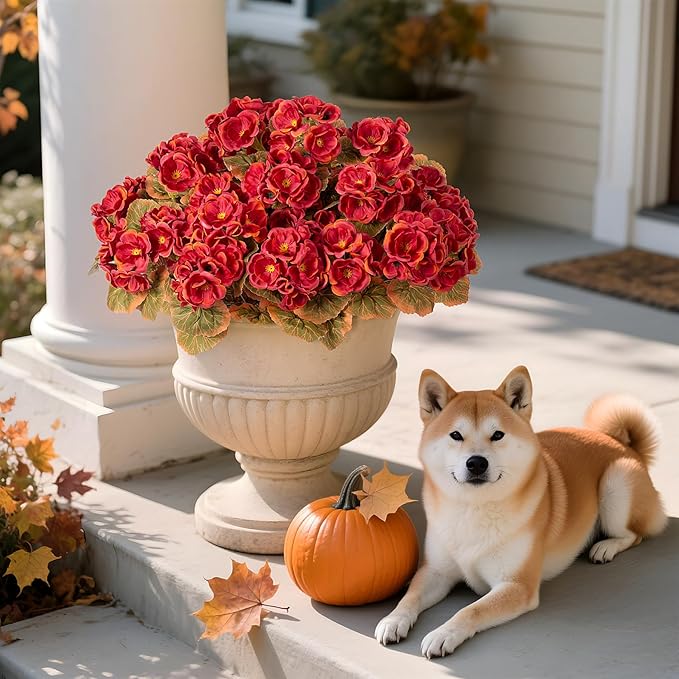 Fake Fall Flowers Artificial for Outdoors Decoration, 6 Bundles Faux Geranium Silk Flower Outside UV Resistant No Fade Artificial Floral for Home Garden Balcony Indoor Table Centerpieces Decor