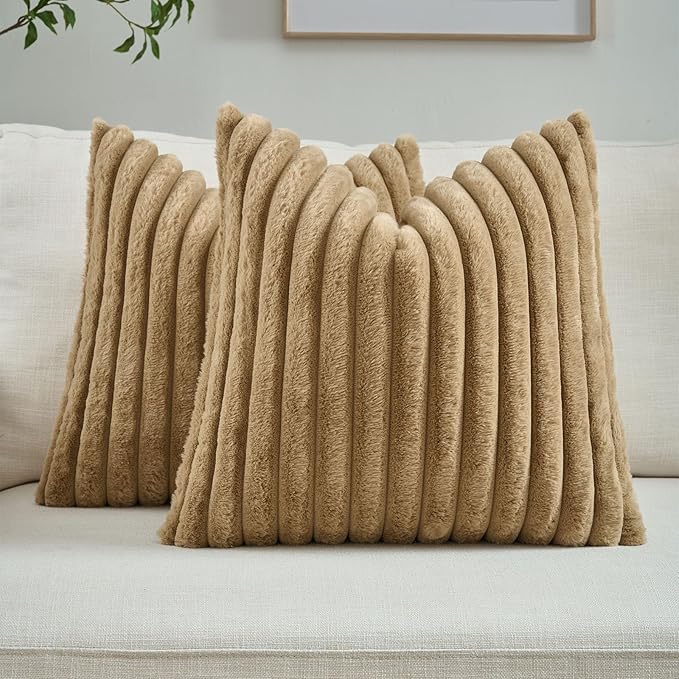 FUTEI Camel Striped Decorative Throw Pillow Covers 20x20 Inch Set of 2,Square Fall Decorations Couch Pillow Case,Soft Cozy Faux Rabbit Fur & Velvet Back,Modern Home Decor for Bed