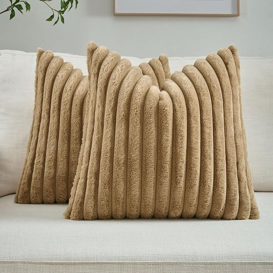 FUTEI Camel Striped Decorative Throw Pillow Covers 24x24 Inch Set of 2,Square Fall Decorations Couch Euro Pillow Case,Soft Cozy Faux Rabbit Fur & Velvet Back,Modern Home Decor for Bed
