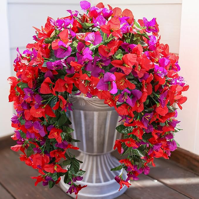 Bougainvillea Artificial Hanging Flowers Plants for Outdoors Decoration, 2pcs Fake Flowers Bougainvillea Vines Realistic UV Resistant Silk Flower for Outside Planter Porch Patio Yard Urn, Mix
