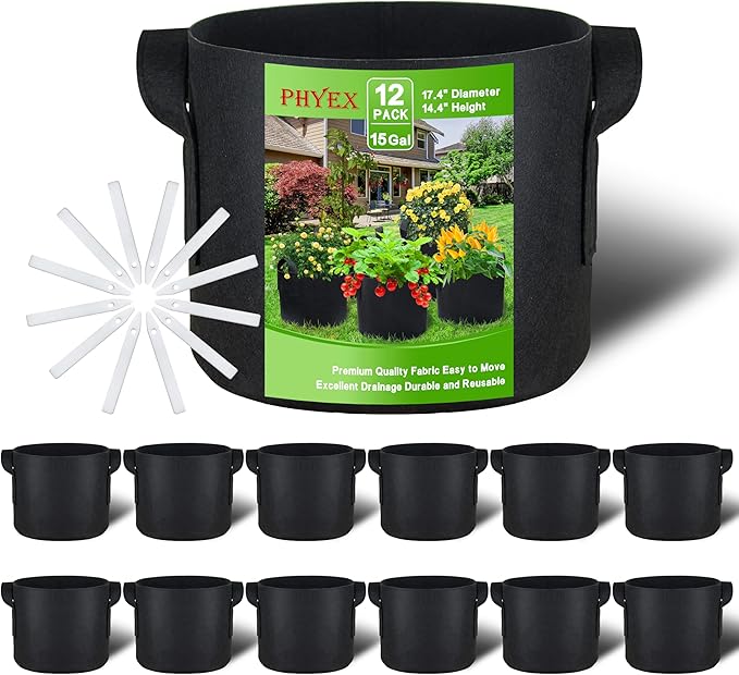 PHYEX 12-Pack 15 Gallon Grow Bags, Heavy Duty Fabric Pots with Handles, Reusable Plant Bags for Vegetable, Herbs & Flowers, BPA-Free, Breathable, Durable