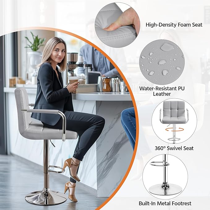 Yaheetech Bar Stools Set of 2, PU Leather Adjustable Swivel Barstools, Hydraulic Kitchen Counter Height Bar Chairs with Armrest and Back for Kitchen, Dining Room, Light Grey
