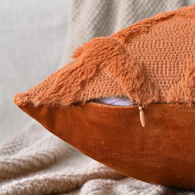 Set of 2 Soft Moroccan Throw Pillow Covers 22x22 Inch Plush Boho Decorative Pillow Cover Accent Cushion Case for Couch Sofa Bed, Burnt Orange