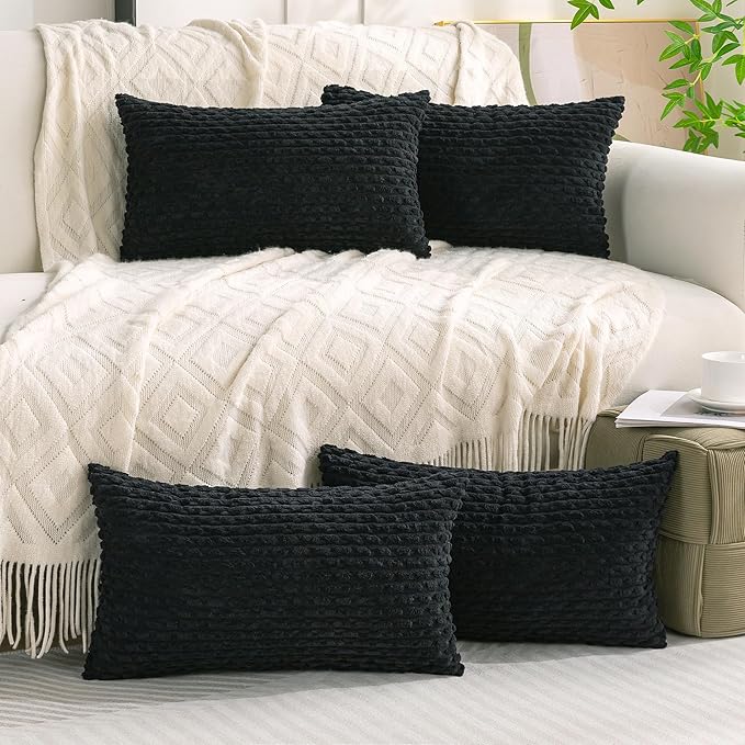 Set of 4 Black Decorative Throw Pillow Covers 12x20 Inch Corduroy Pillow Covers for Bed Couch Sofa Living Room Soft Cushion Cases