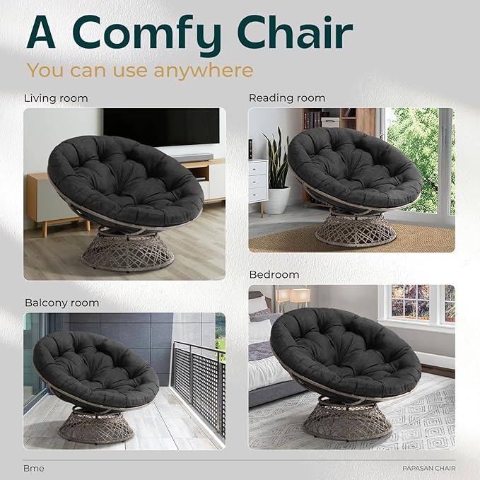 Bme 46" Large Size Ergonomic Wicker Papasan Chair with Soft Thick Density Fabric Cushion, Bee-Designed Base, High Capacity Steel Frame, 360 Degree Swivel for Living, Bedroom,...