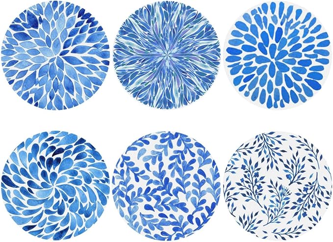 Blue Watercolor Flower Petals Coasters Set of 6 Coasters for Drinks Absorbent Double-Sided Leather PVC Coaster for Tabletop Protection Coffee Table Decor Ideal for Home Decor House Warming Gifts
