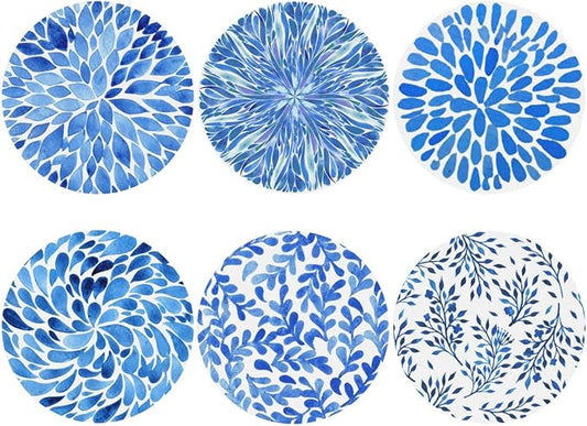 Blue Watercolor Flower Petals Coasters Set of 6 Coasters for Drinks Absorbent Double-Sided Leather PVC Coaster for Tabletop Protection Coffee Table Decor Ideal for Home Decor House Warming Gifts