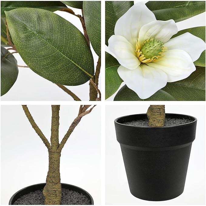 Briful Artificial Magnolia Flower Tree in Black Pot – 26.3in Tall Faux Magnolia Plant with Realistic White Blooms Fake Potted Silk Floral Tree for Home Office Room Kitchen Outdoor Porch Décor