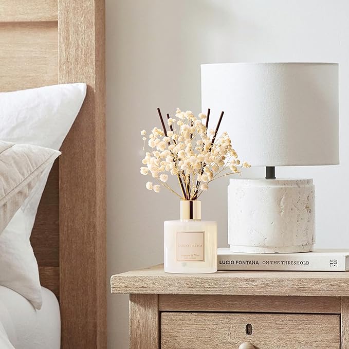 COCORRÍNA Reed Diffuser - Jasmine & Mint 6.7 Fl.oz Reed Diffuser Set with Sticks & Preserved Baby's Breath, Reed Diffuser for Home Bathroom Shelf Decor