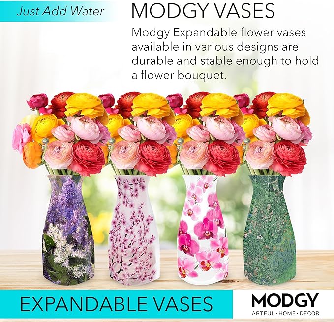 MODGY Expandable Flower Vase Set, Plastic Decorative Modern Foldable Printed Vases for Centerpieces for Wedding, Dining Table, Home Decor, Living Room, Bathroom, Office, Mary Cassatt Lilacs, 4 Pack