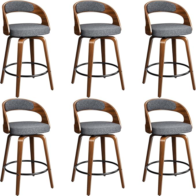 Swivel Bar Stools Set of 6, 26" Upholstered Linen Fabric Barstools with Bentwood Legs, Mid Century Modern Counter Height Bar Stools with Back for Kitchen Island, Dining Room, Grey
