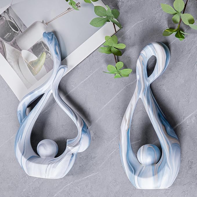 Blue Sculptures Home Decor, Ceramic Statues Coffee Table Decor for Living Room, Centerpiece for Dining Room Table, Shelf, Entry, Modern Minimalist Abstract Art Objects (2pcs)