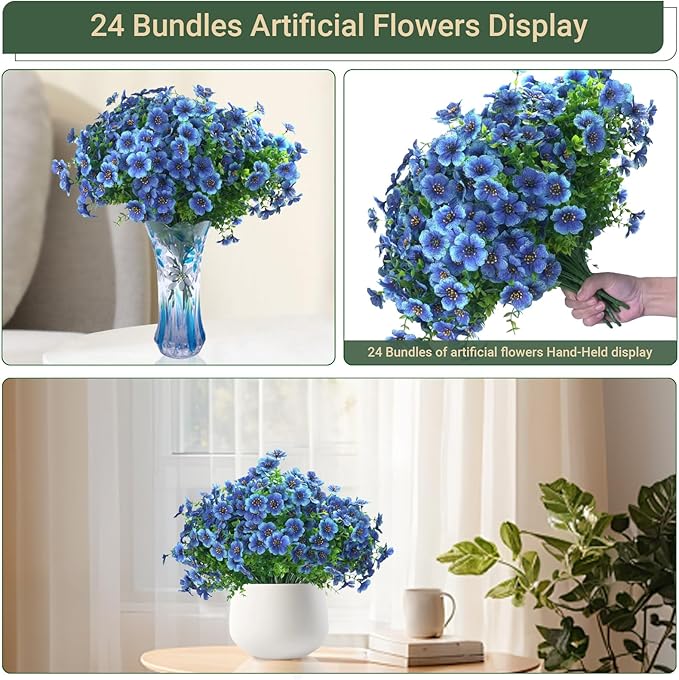 24 Bundles Artificial Flowers for Outdoors & Indoors – UV Resistant Faux Plastic Plants for Garden, Patio, Porch, Window Box, Home Decor – Lush & Vibrant Fake Flowers, Blue
