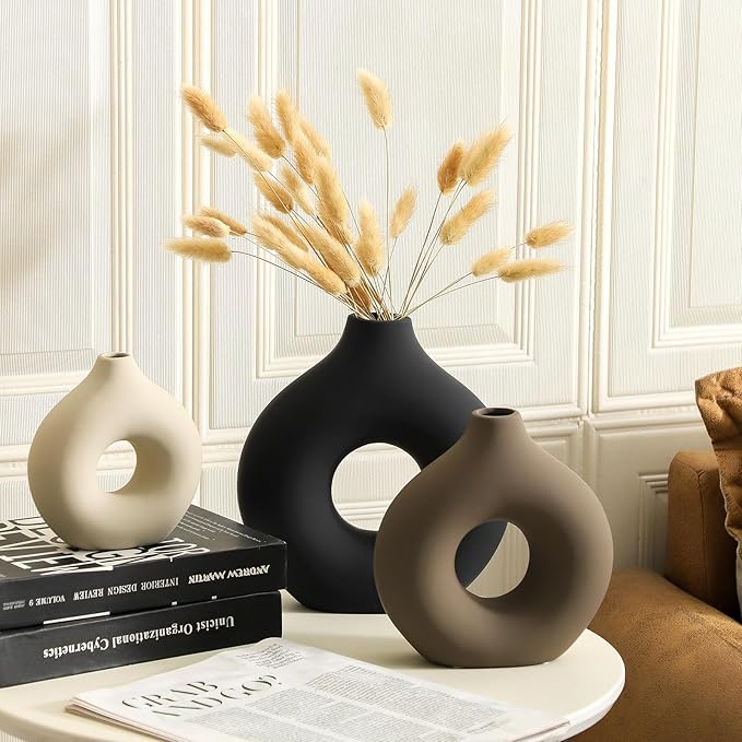 Ceramic Vase Home Table Decor - Flower Vases Set of 3 Small Living Room Centerpiece Decorations for Shelf Bedroom Office Kitchen Dining Desk Modern Aesthetic Farmhouse Decorative (Classic)