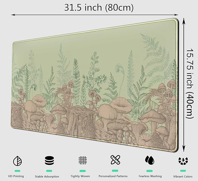 Cute Green Leaves Mouse Pad Desk Mat Beige Forest Mushroom XXL Large Extended Gaming Mousepad Desk Pad 31.5x15.75 in, Cool Keyboard Mouse Mat Desk Mats for Computer Laptop Women Desk Gamers Girl