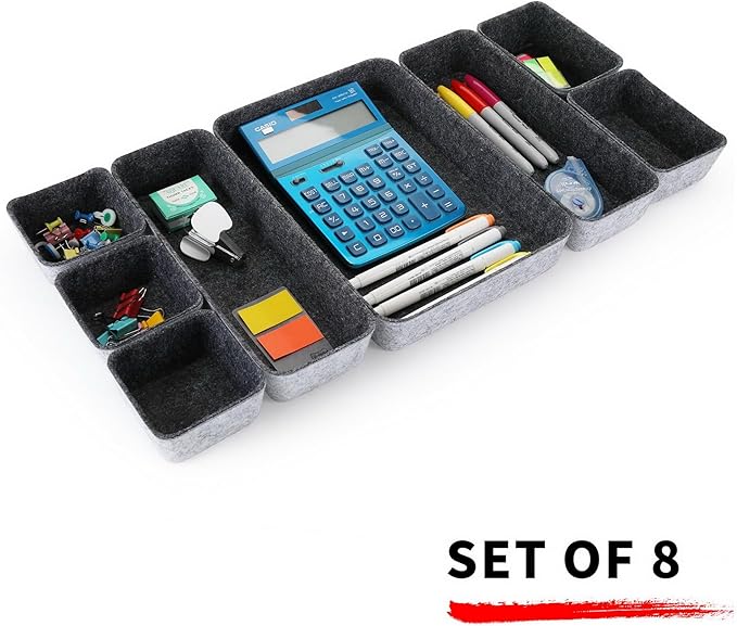 Welaxy desk drawer organizer tray shallow felt storage bin for office suppliers makeup pen keys craft brush decluttering 8-piece sleek minimalist lifestyle gift for men (Charcoal)