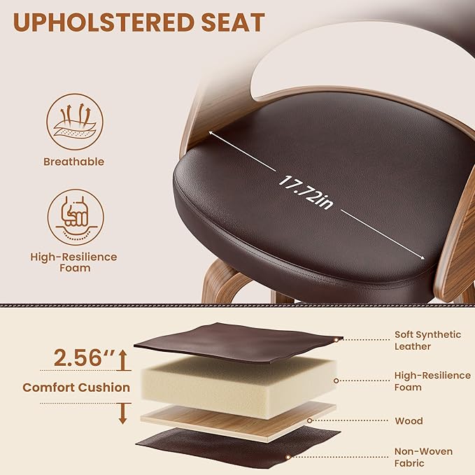 Bar Stools Set of 1, 26" Counter Height Barstools with Bentwood Legs, Swivel Counter Stools with Back, Mid Century Modern Faux Leather Upholstered Bar Chairs for Kitchen Island, Brown