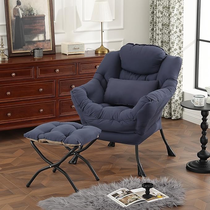 Lazy Chair with Ottoman, Modern Accent Chair with Lumbar Pillow, Comfy Chairs with Folding Footrest for Bedroom, Reading, Oversized Supportive Lounge Chairs(Navy Blue)